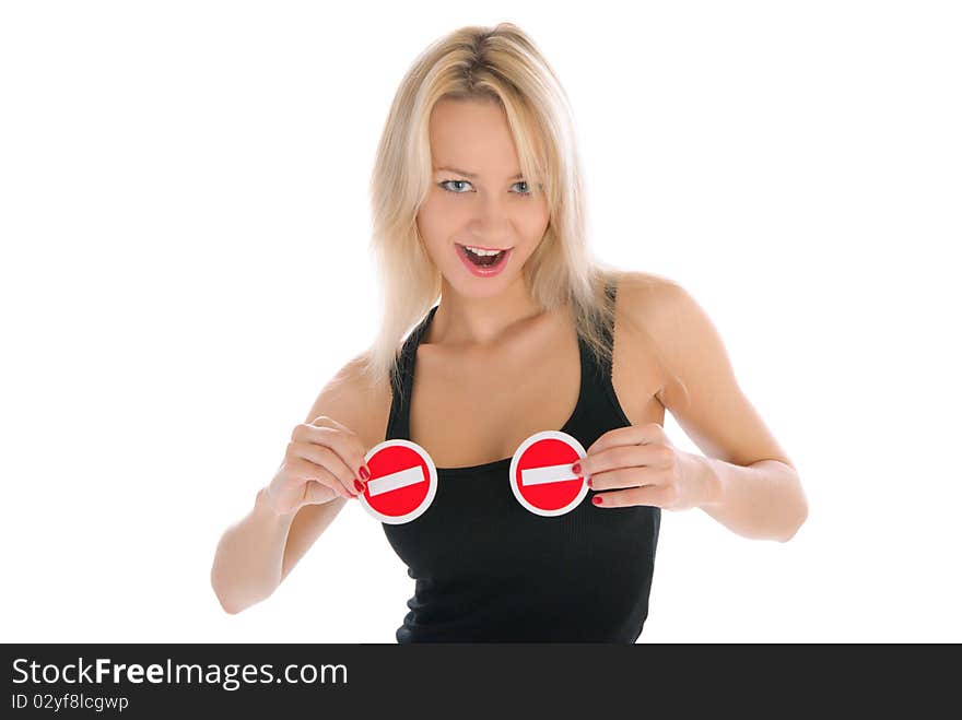 Sexual woman holds two prohibiting signs isolated in white