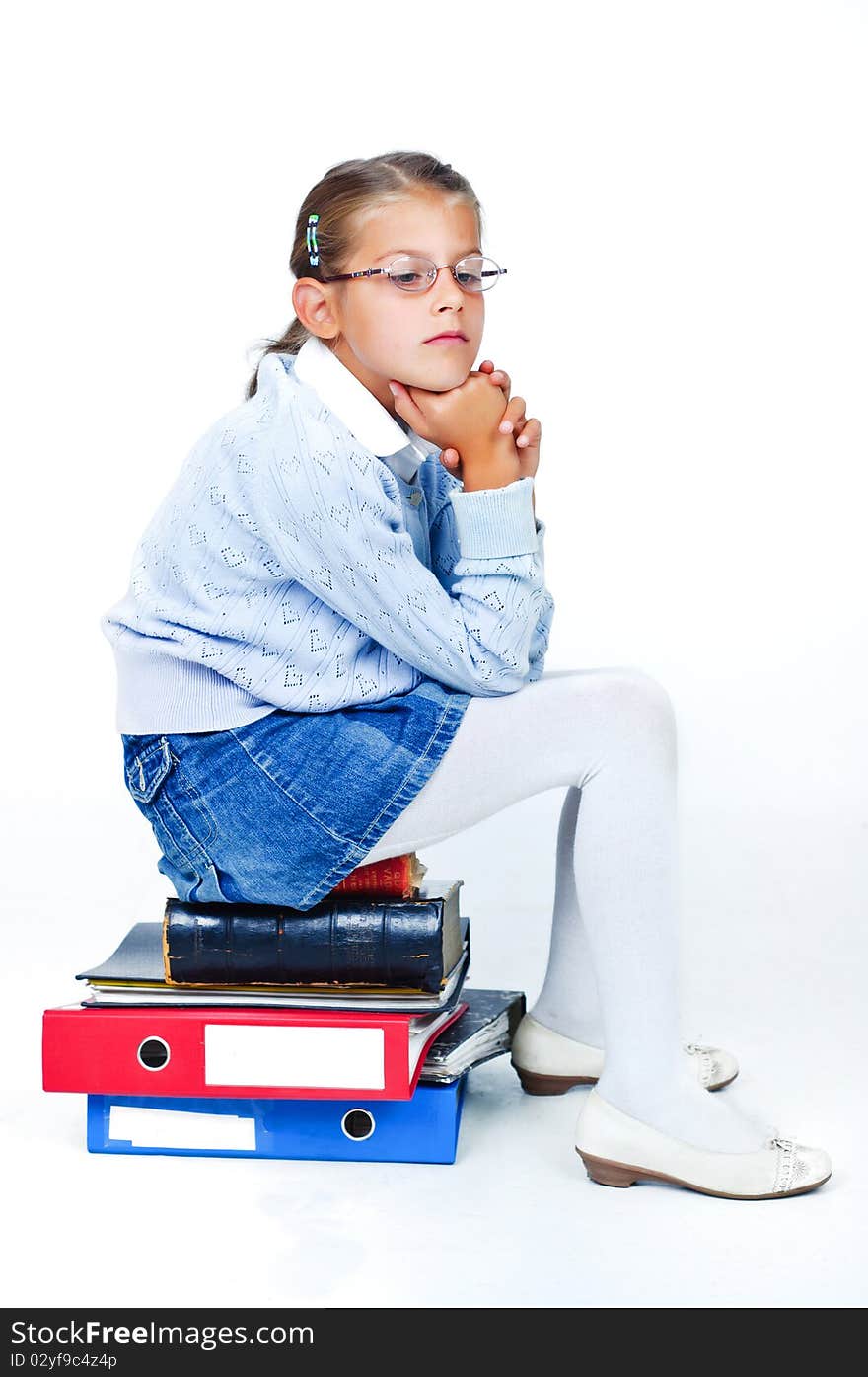 Business girl with office folders. In the studio