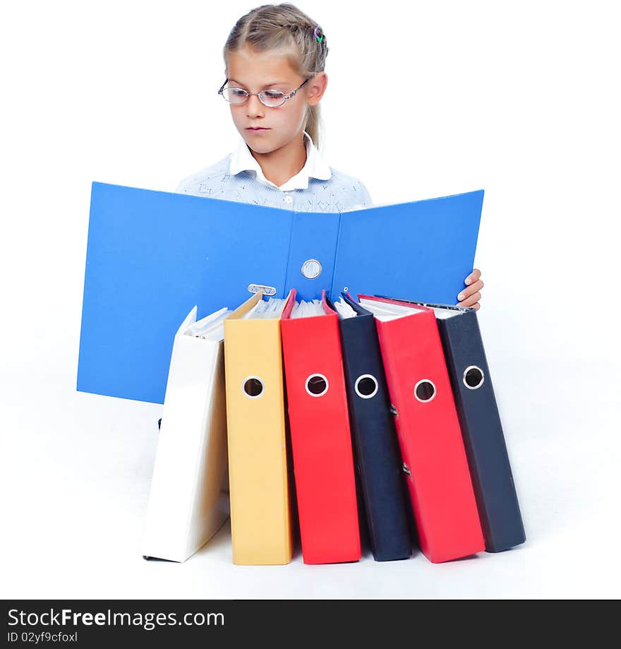 Business girl with office folders. In the studio