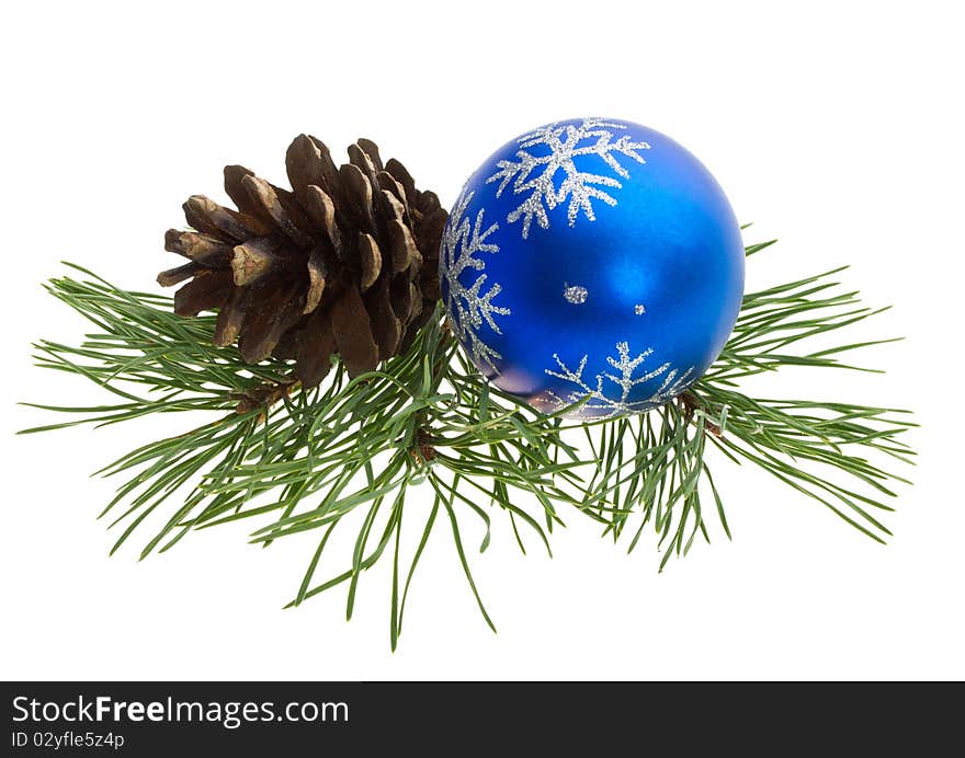 Close-up christmas ball and pine cone, isolated on white