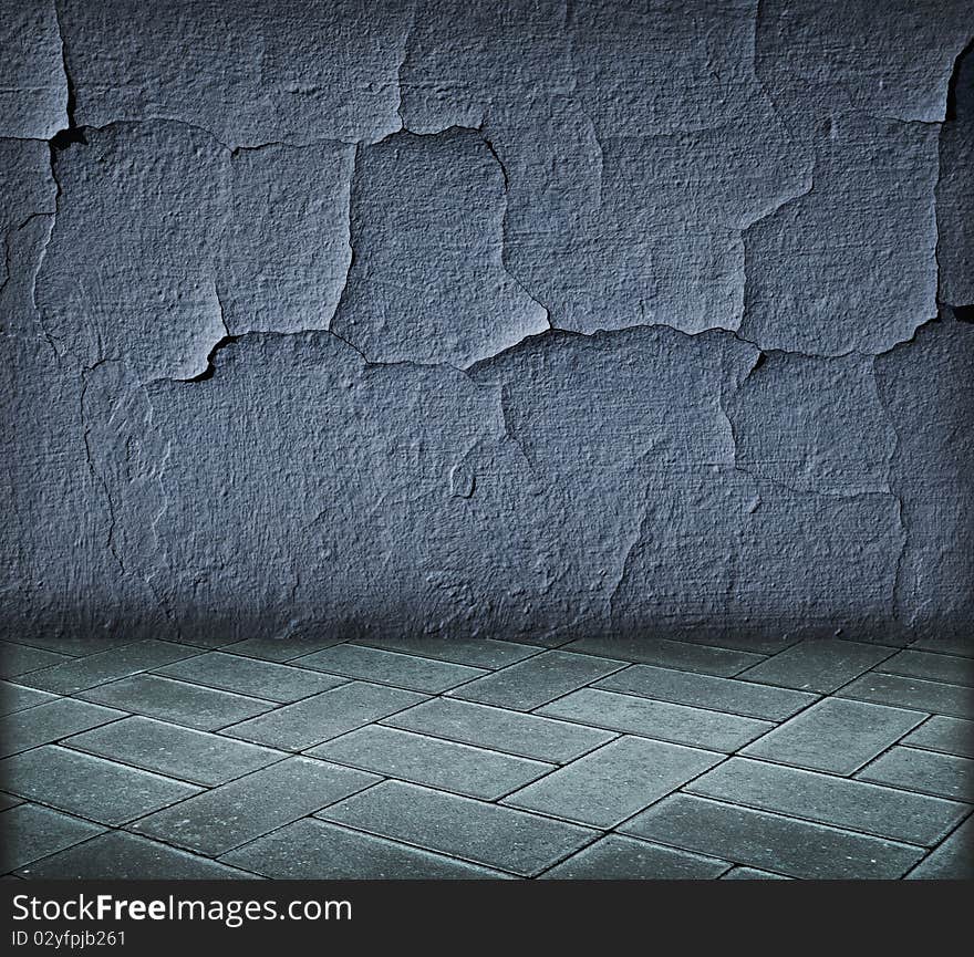 Vintage blue interior with cracked wall. Vintage blue interior with cracked wall