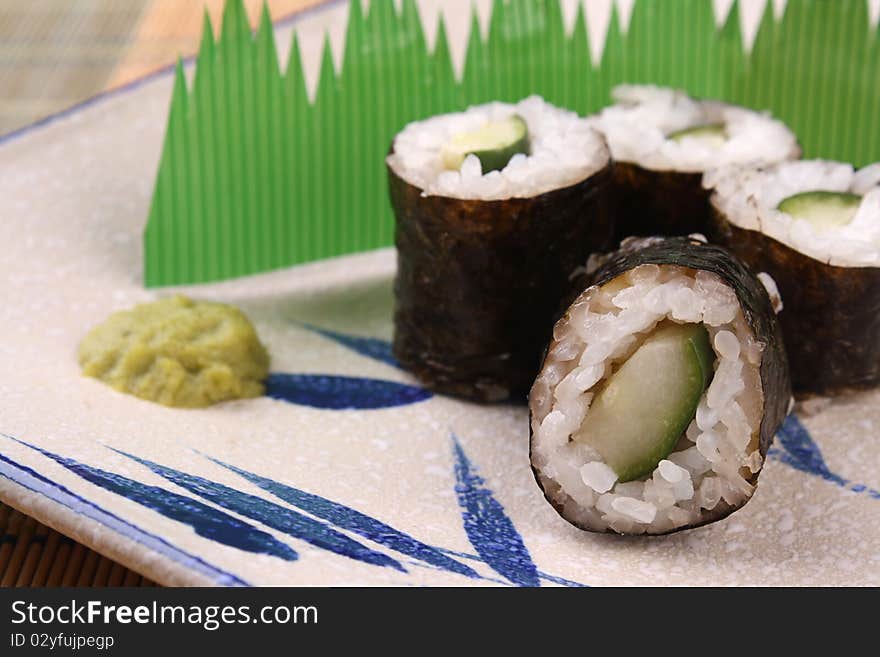 Close up sushi and wasabi on the plate