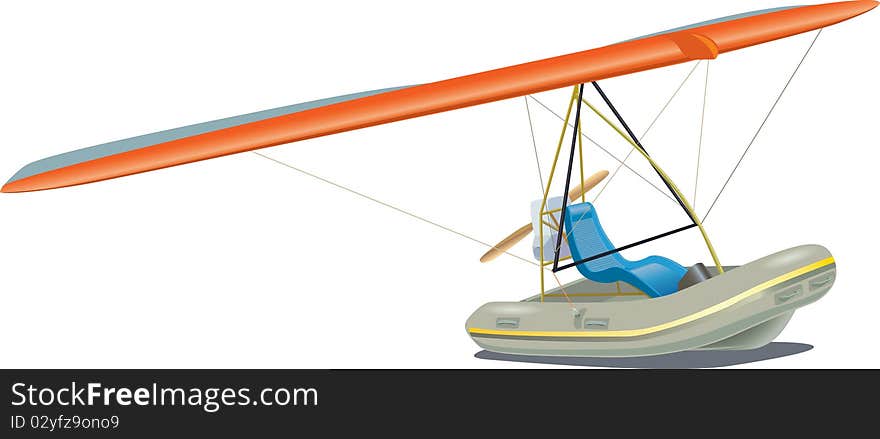 Rubber boat combined with a hang-glider and the engine with a propeller. Rubber boat combined with a hang-glider and the engine with a propeller
