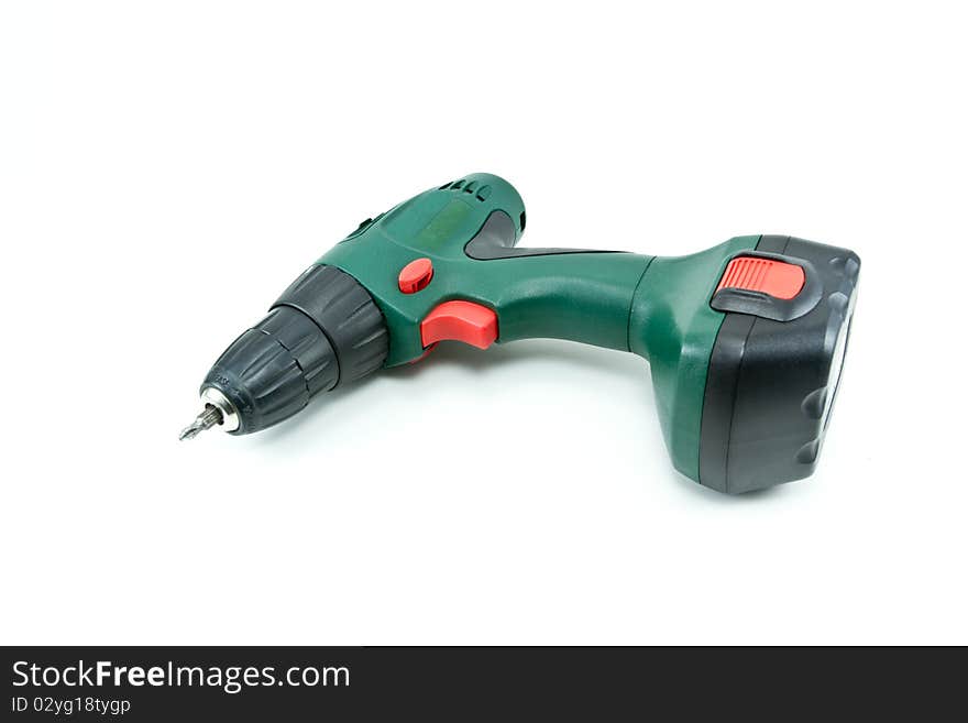 Battery drill on a white background