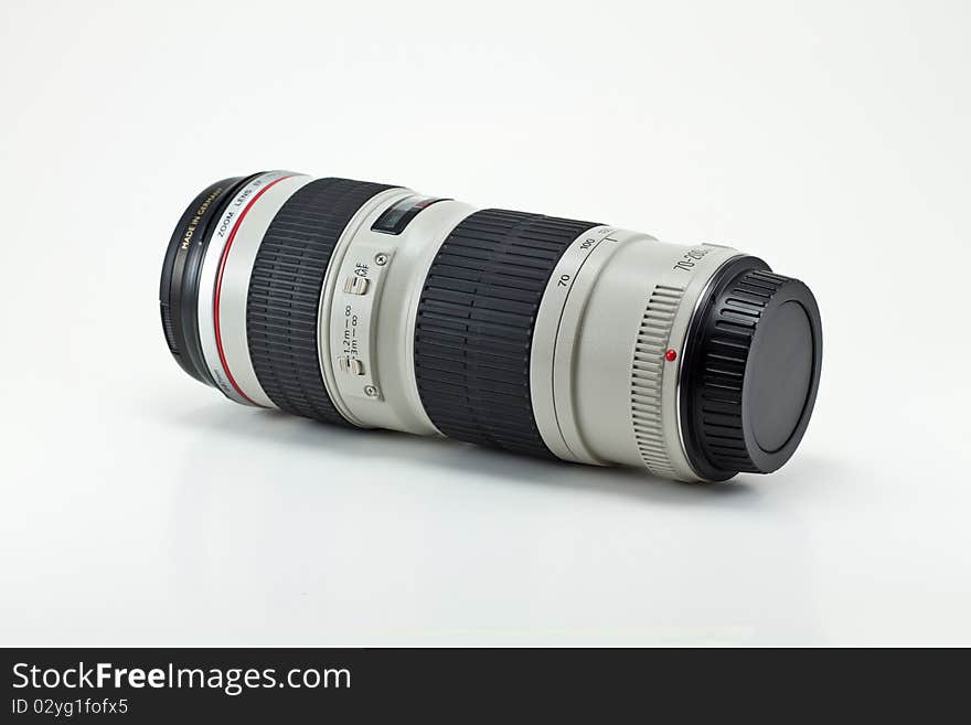 Close up camera lens on a white background