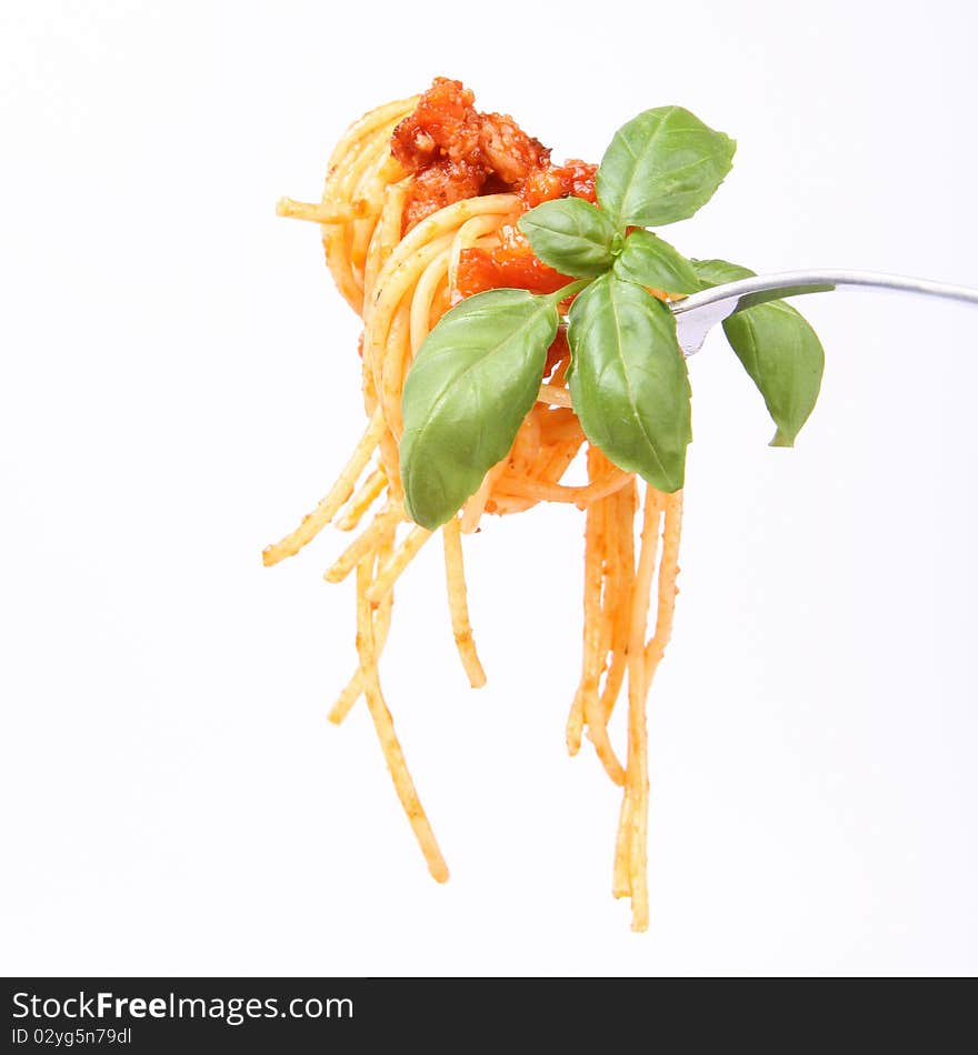 Spaghetti bolognese on a fork