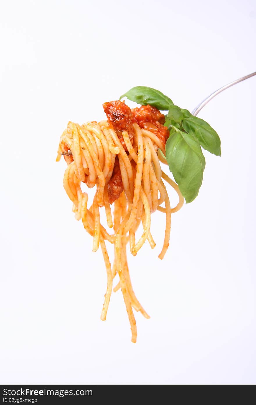 Spaghetti bolognese on a fork