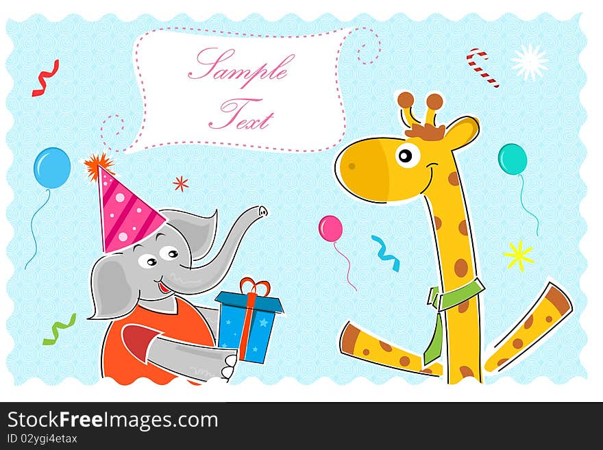 Illustration of elephant wishing giraffe happy birthday