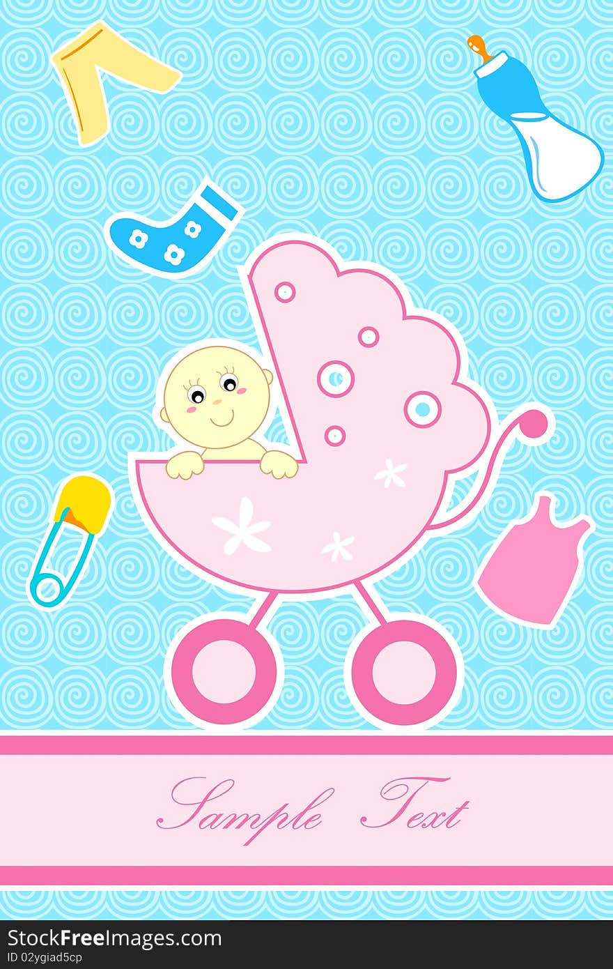 Illustratiof of baby in pram for arrival of baby announcement card