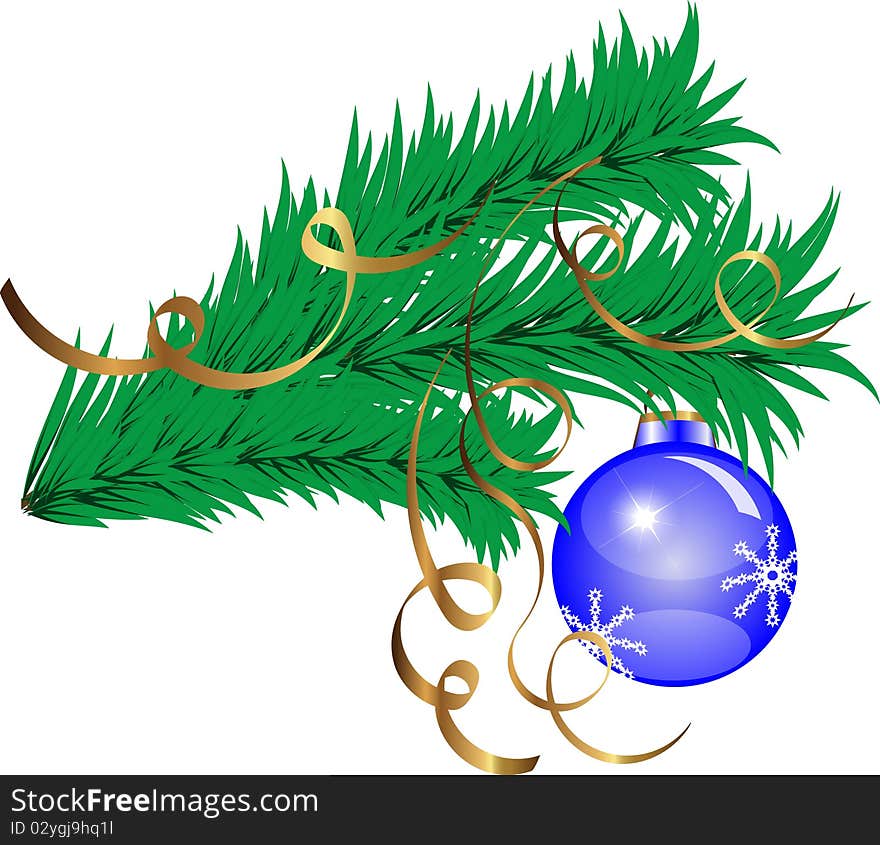 Isolated pine branch with a decorative ball and the ribbons. Isolated pine branch with a decorative ball and the ribbons