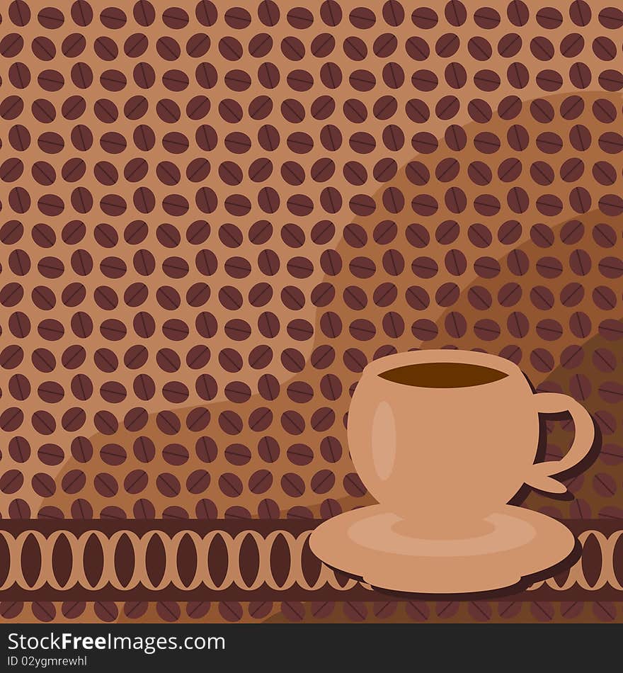 Background with cup of coffee aqnd beans