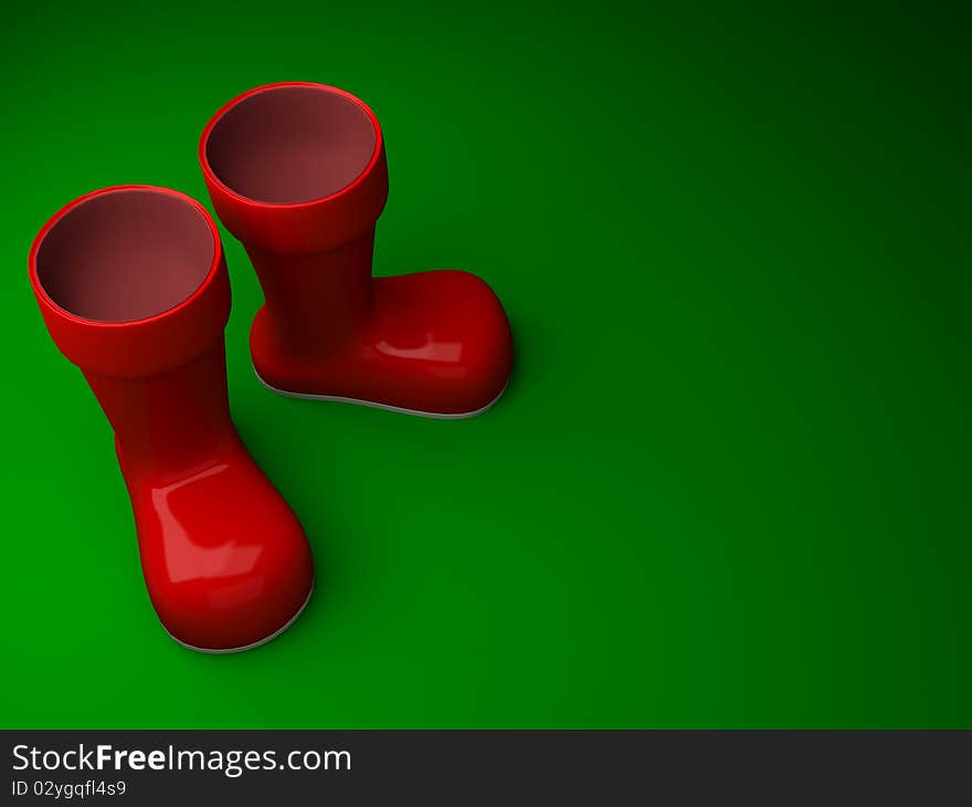 3d illustration with santa boots on a green background with place to add text. 3d illustration with santa boots on a green background with place to add text