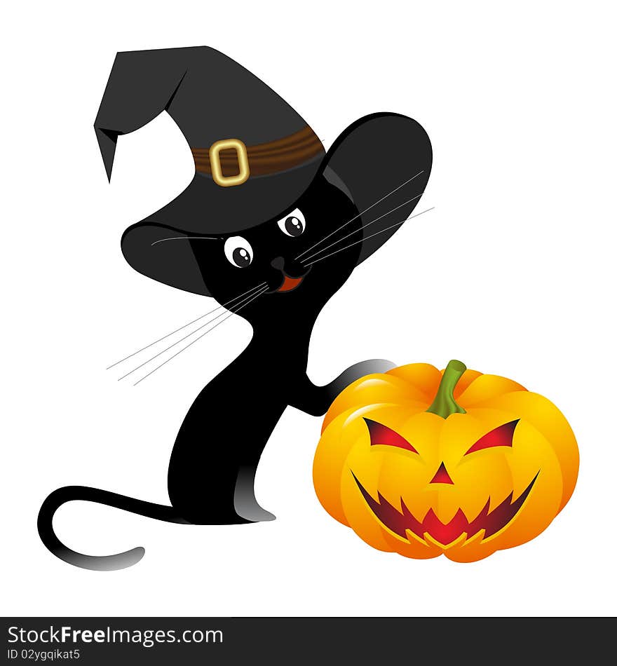 Halloween kitten with pumpkin isolated on a white. Vector illustration.