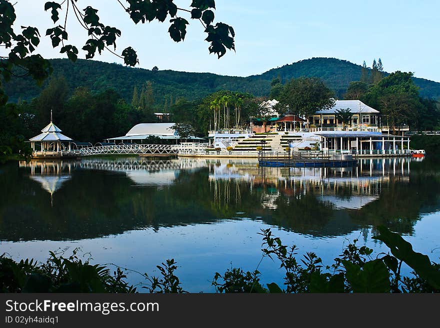 Lake side resort in early morning, Thailand.