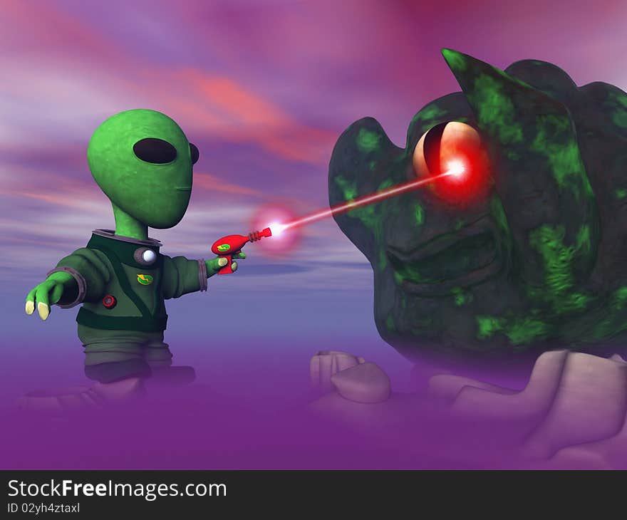 A cute little alien fights a blob creature on an alien planet. A cute little alien fights a blob creature on an alien planet