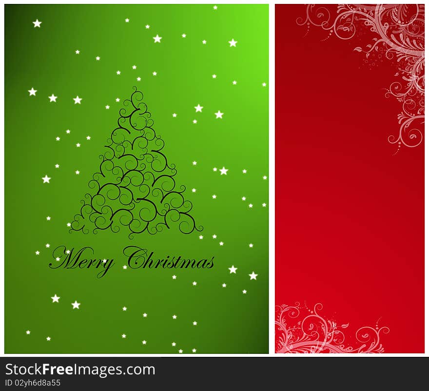 Christmas tree on green background, red space to insert text or design. Christmas tree on green background, red space to insert text or design