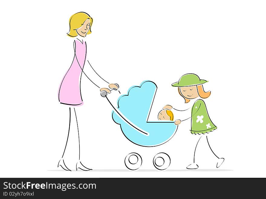 Illustration of mother,daughter and infant baby in pram. Illustration of mother,daughter and infant baby in pram