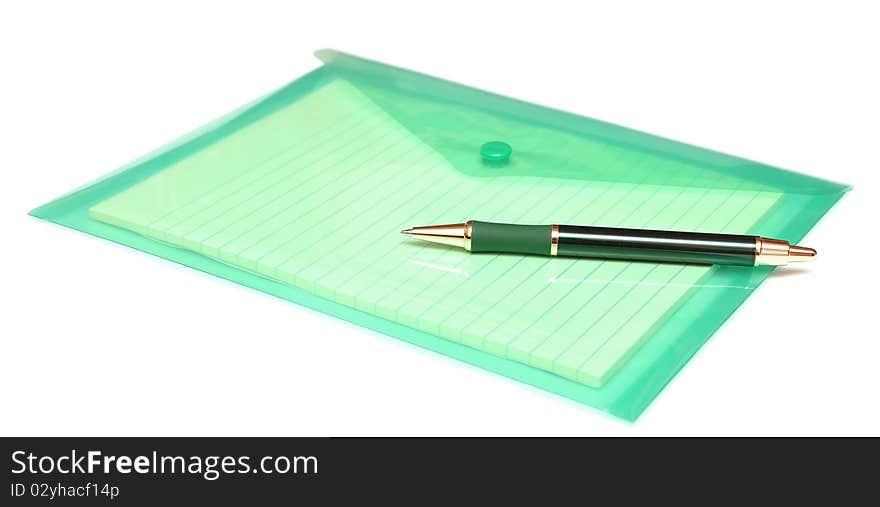 Pen and folder for papers on white