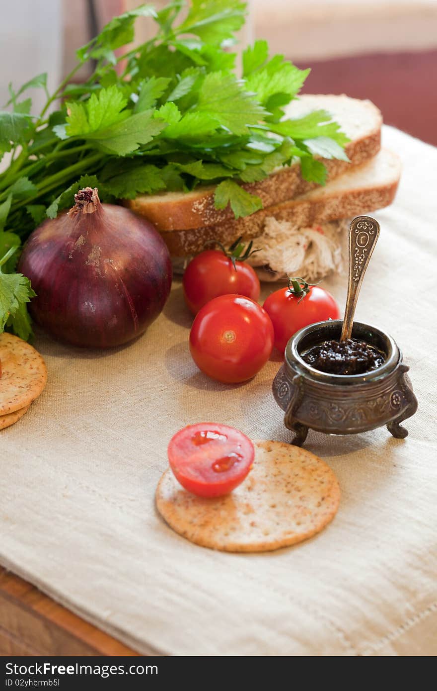 Tomatos, truffle paste, onion, bread and parsley. Tomatos, truffle paste, onion, bread and parsley