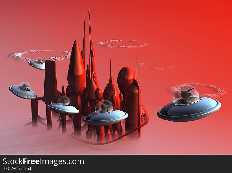 Cute little alien invaders circle a futuristic looking city on an alien world