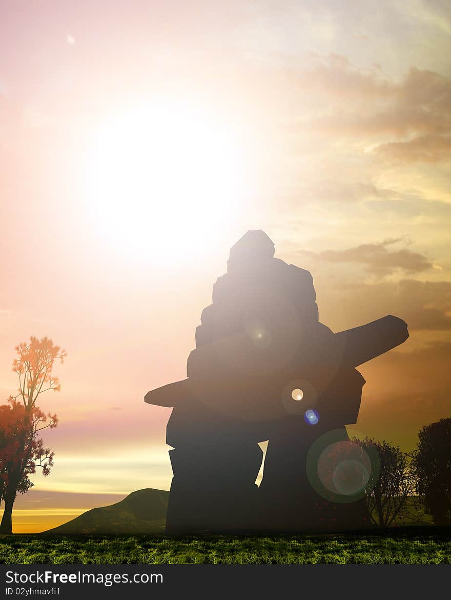 An Inuit or Aboriginal ston marker called an Inukshuk at sunset. An Inuit or Aboriginal ston marker called an Inukshuk at sunset.