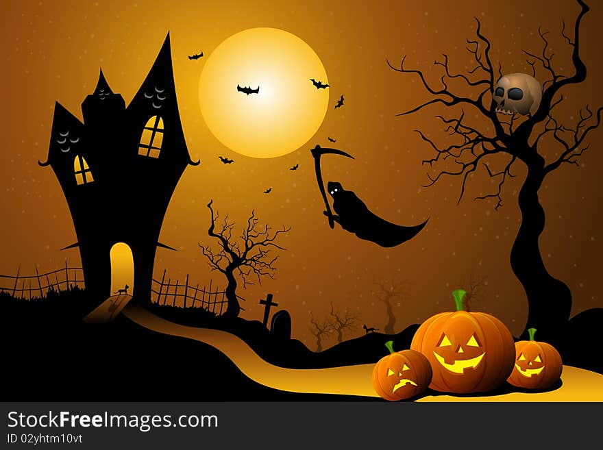 Illustration of ghost flying in halloween night