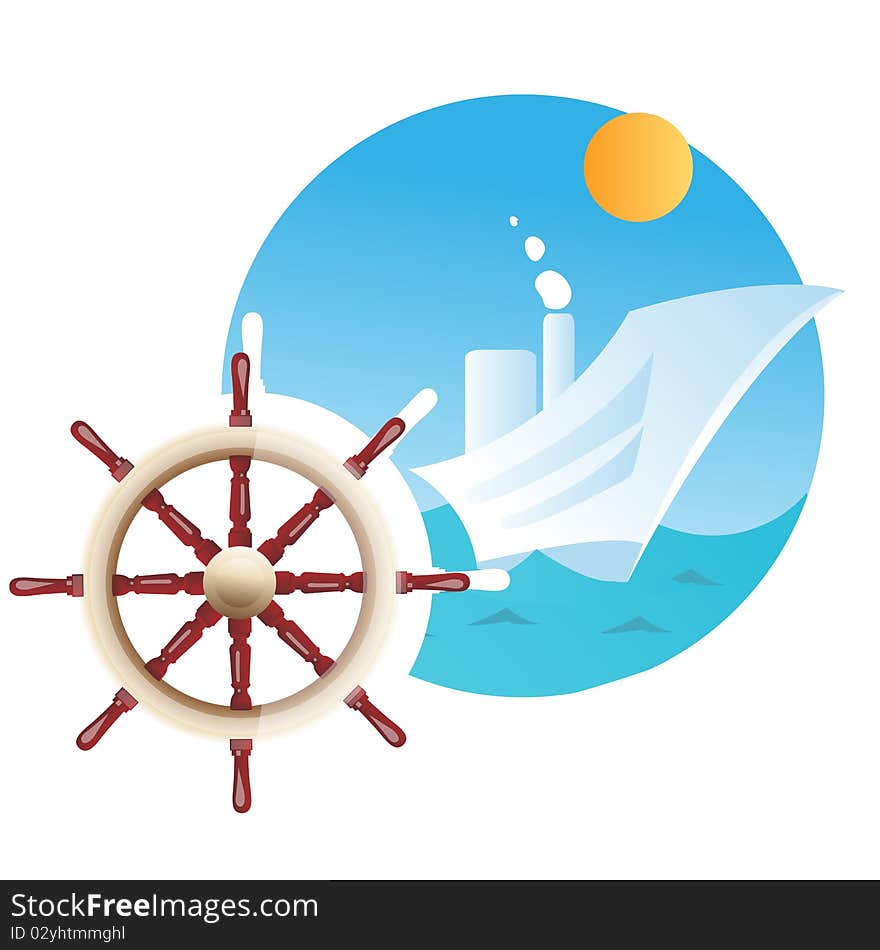 Illustration of Ship steering wheel and in the background ship in sea. Illustration of Ship steering wheel and in the background ship in sea