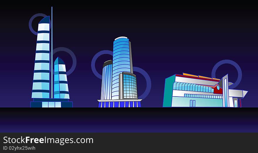 Vector drawing of contemporary commercial biuldings on dark background. Vector drawing of contemporary commercial biuldings on dark background