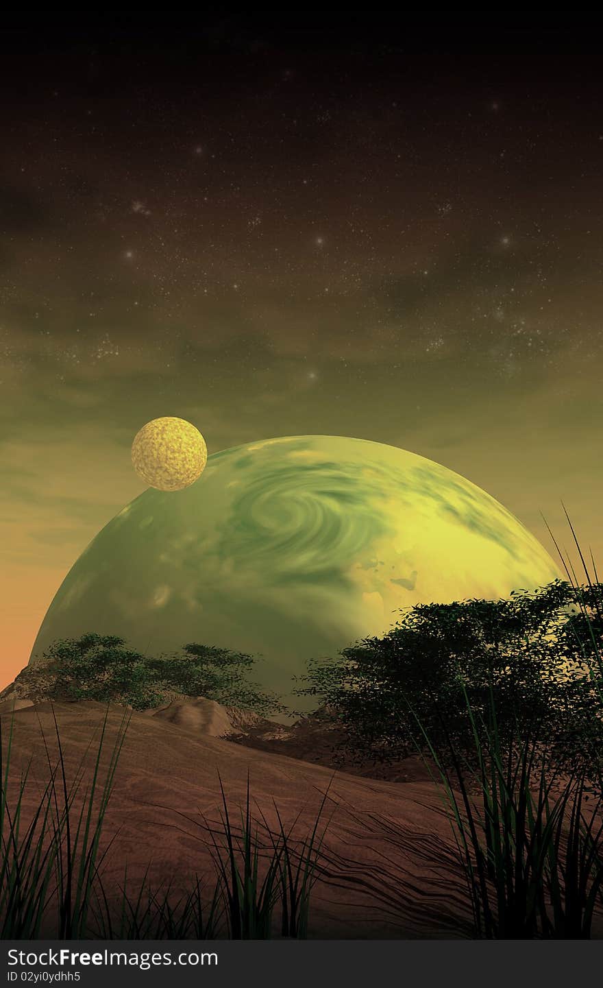 A huge moon rises in the distance on an alien world. A huge moon rises in the distance on an alien world