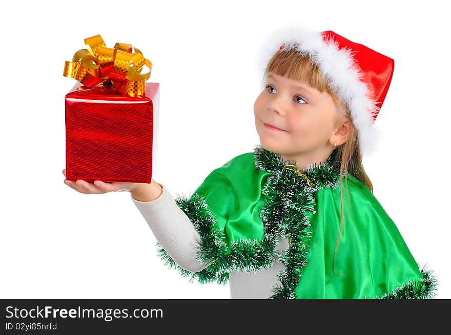 The Girl In A Xmas Suit With A Gift