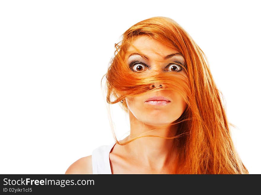 Portrait of a beautiful young girl with disorder hairstyle on white background