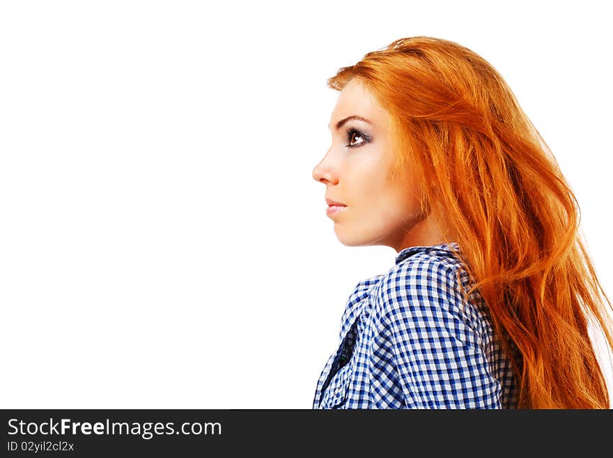 Picture of a attractive young girl in shirt on white background