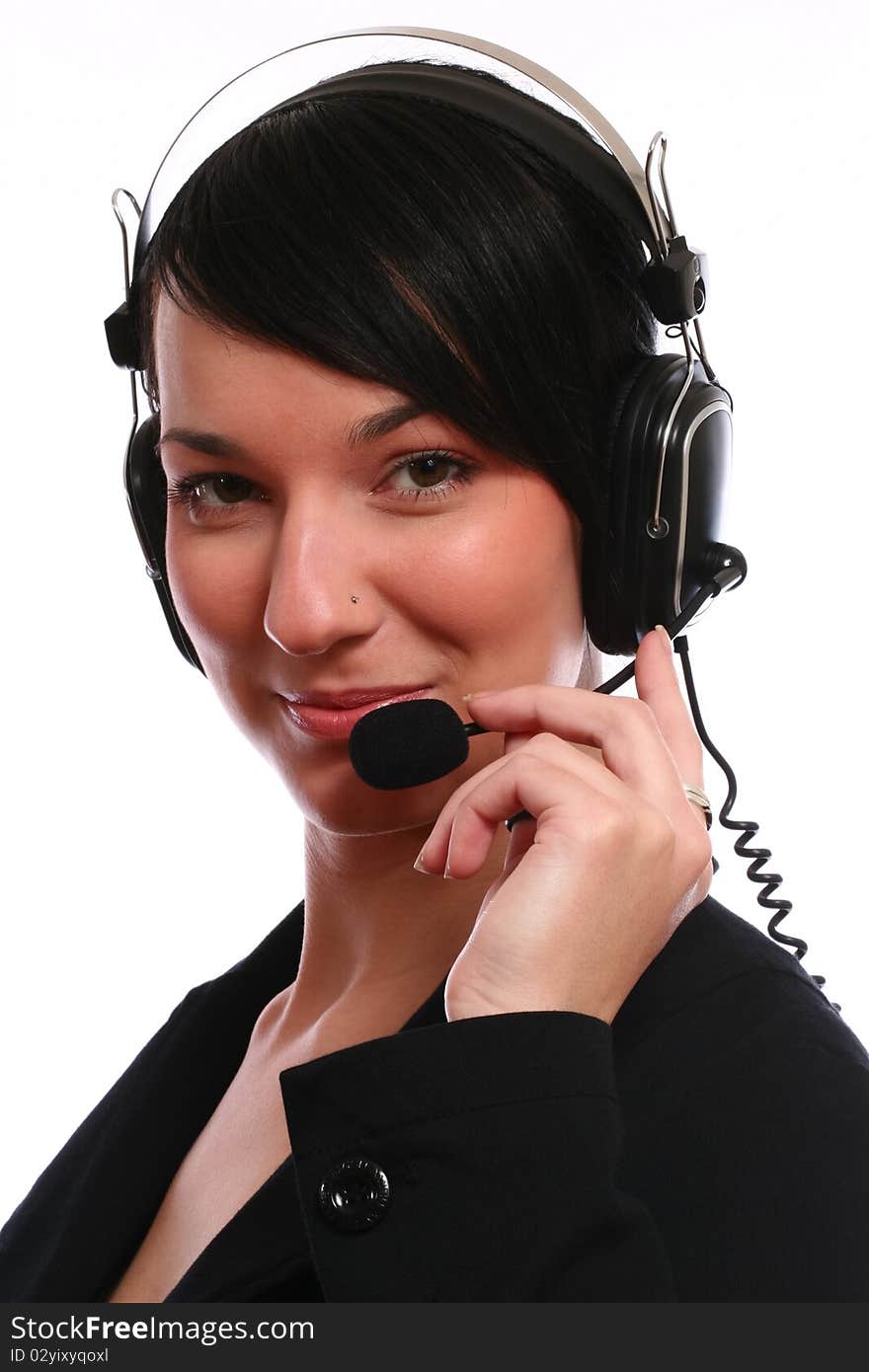 Young  business woman operator with headset isolated on white background. Young  business woman operator with headset isolated on white background