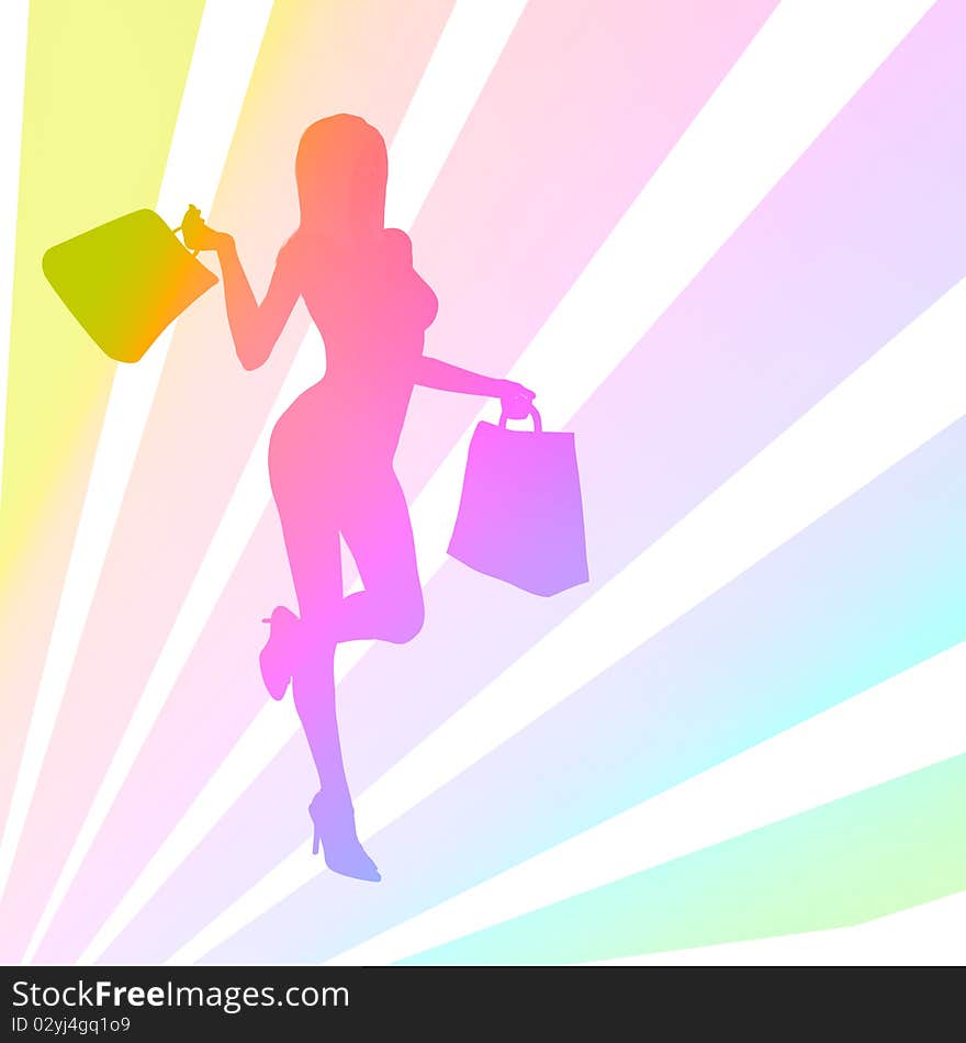 Happy shopping girl silhouette illustration on colorful background