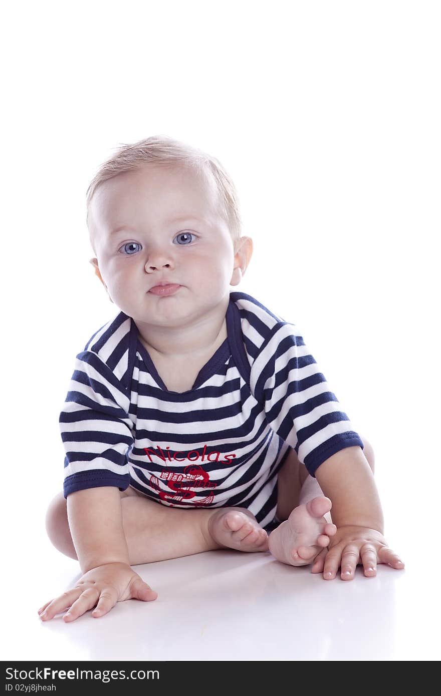 Photo of adorable young boy on white