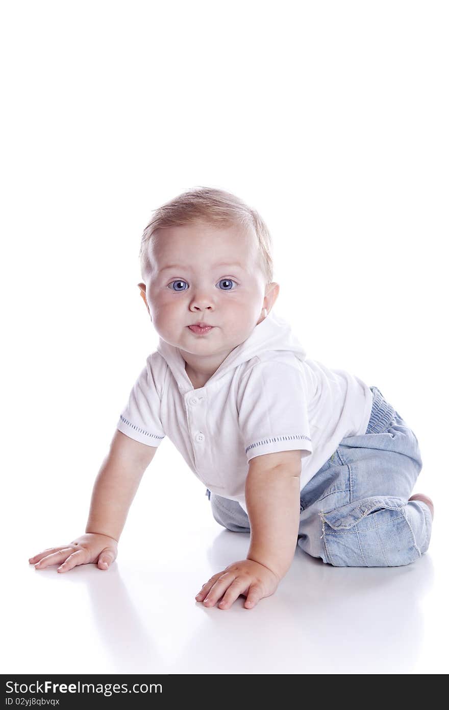 Photo of adorable young boy on white