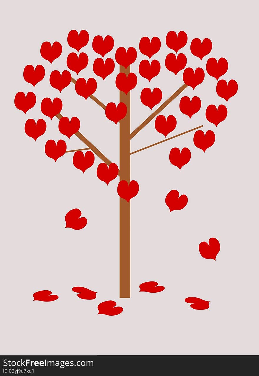 Heart-shaped leaves are falling from a tree in the form of heart. Heart-shaped leaves are falling from a tree in the form of heart