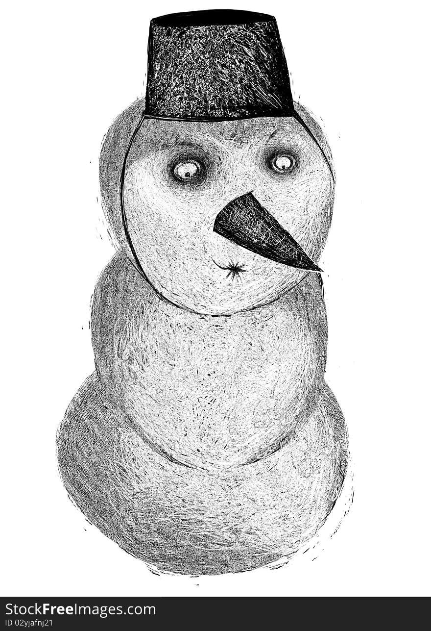 Funny graphically drawn snowman with a bucket on his head (simulated lithography). Funny graphically drawn snowman with a bucket on his head (simulated lithography)