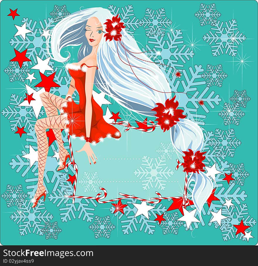 Vector image of sexy Santa girl includes 5 layers: background, girl dressed in red underwear, dress and shoes, decorations, sparkling stars. Space for writing. Vector image of sexy Santa girl includes 5 layers: background, girl dressed in red underwear, dress and shoes, decorations, sparkling stars. Space for writing.