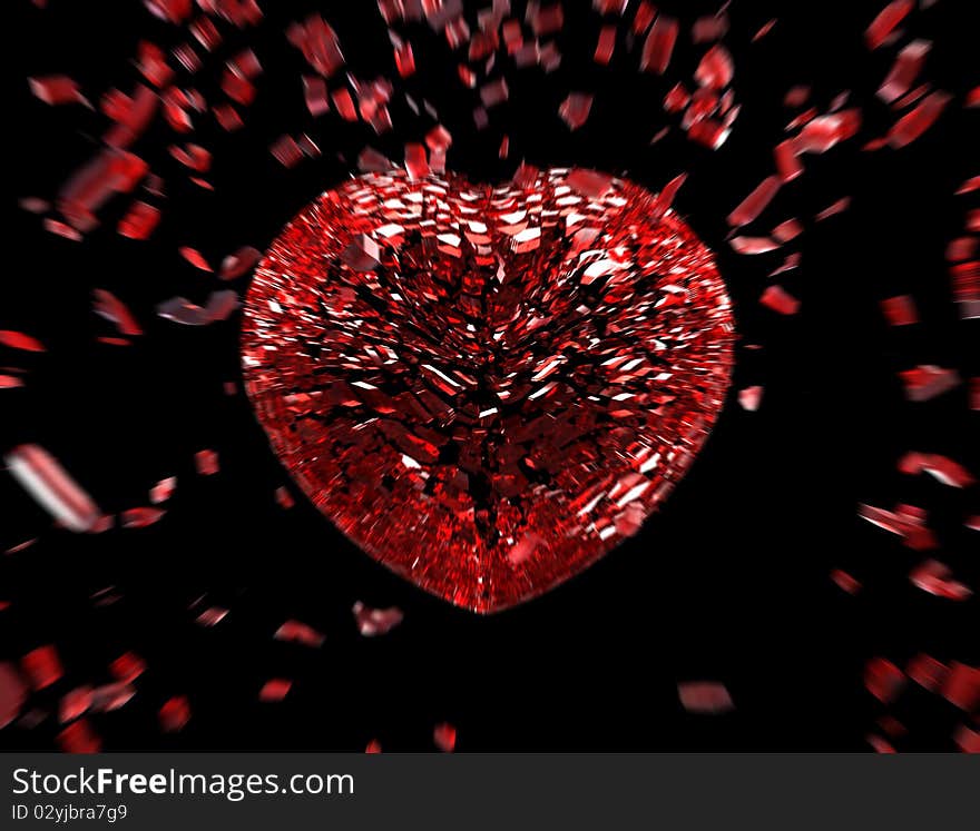 A 3d render of a glass heart breaking into small pieces