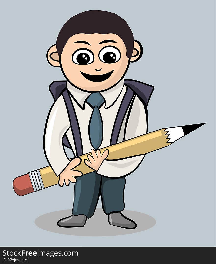 A Young School boy with big pencil going to school.