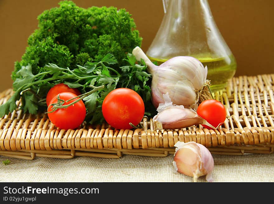 Olive oil green tomatoes Italian Still Life