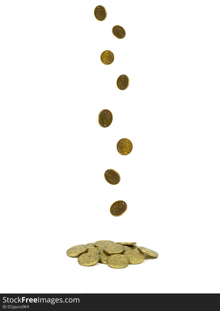 Gold play money isolated against a white background