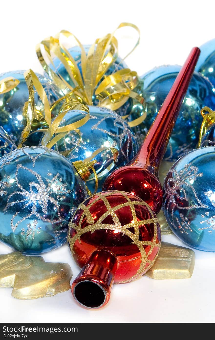 Hand painted christmas balls, decorated with ribbon, and christmas items, high key. Hand painted christmas balls, decorated with ribbon, and christmas items, high key