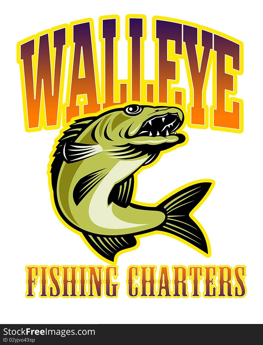 Retro illustration of a walleye fish jumping with words walleye fishing charters. Retro illustration of a walleye fish jumping with words walleye fishing charters