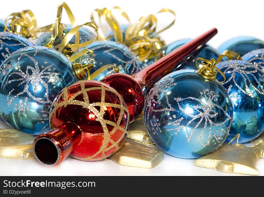 Hand painted christmas balls, decorated with ribbon, and christmas items, high key. Hand painted christmas balls, decorated with ribbon, and christmas items, high key