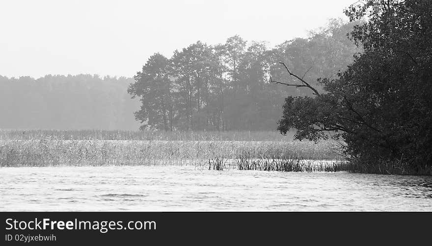 Autumn morning, fog above lake. Black and white image. Autumn morning, fog above lake. Black and white image