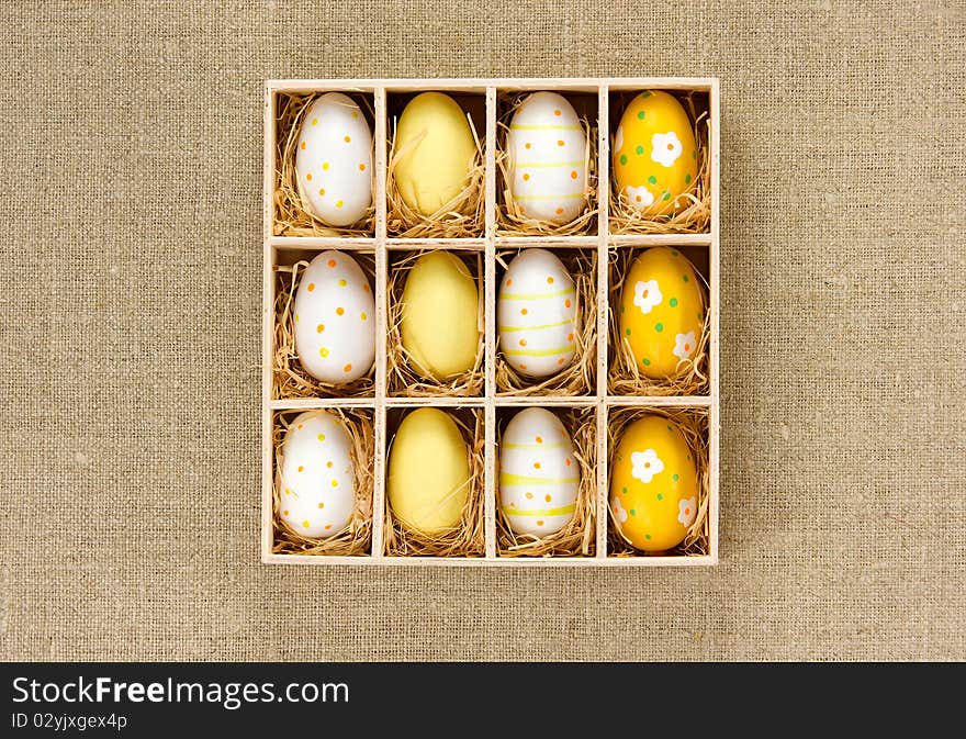 Colorful Easter eggs in a box