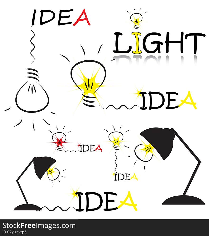 Set of vector sketch with bulb and idea words