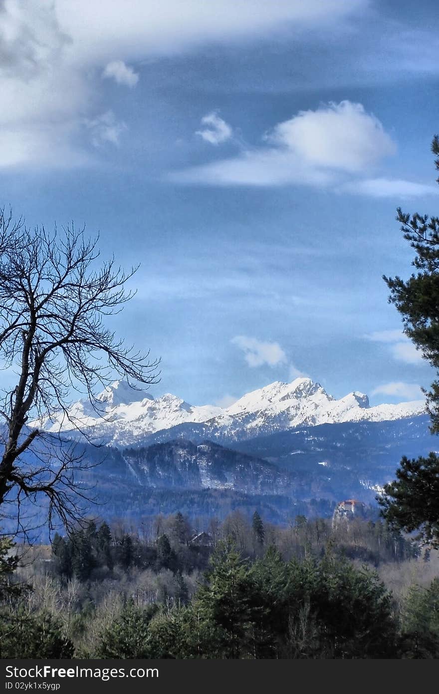 Bled Castle and snowy Julian Alps - Slovenia - HDR